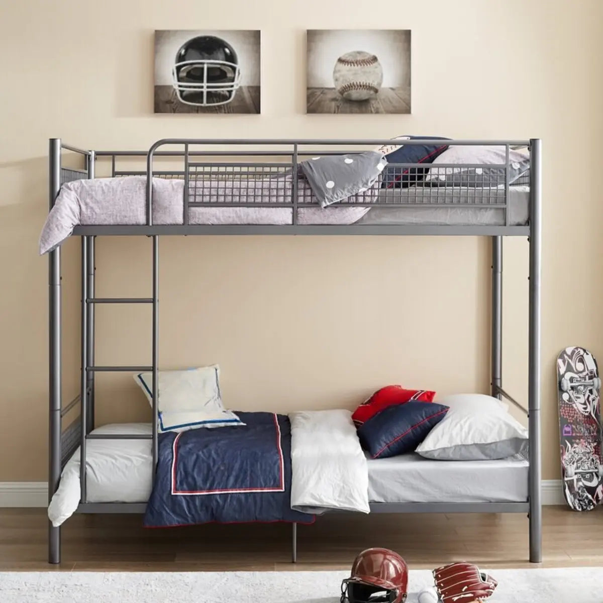 Durable Metal Frame Black Twin Bunk Bed with Guardrail Image - 5