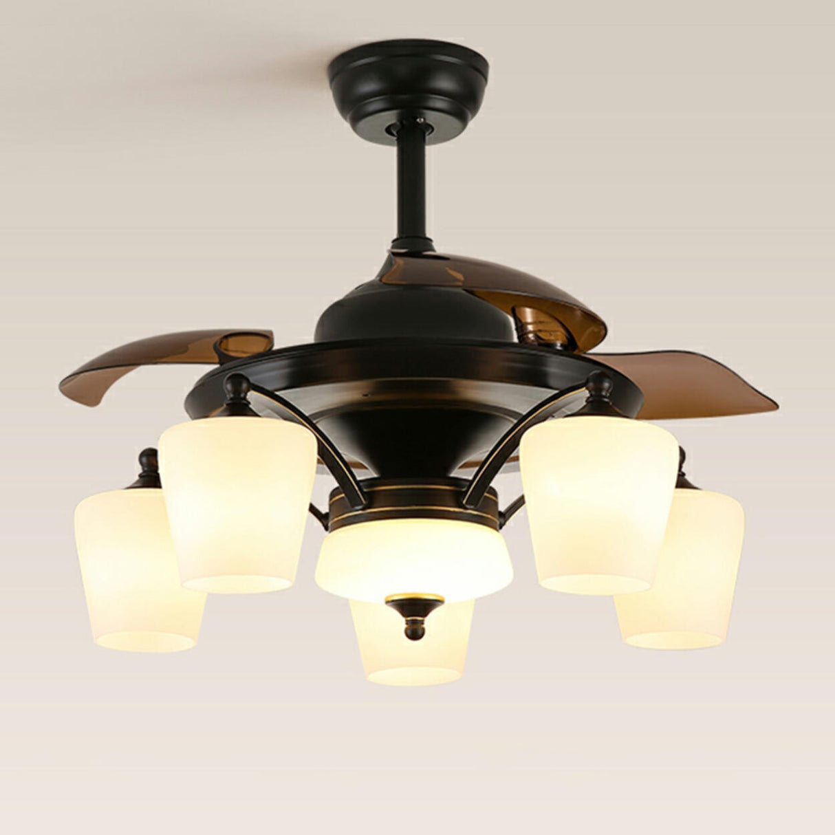 Elegant 3 Blade Glass Shade Chandelier Fan with Light Image - 13