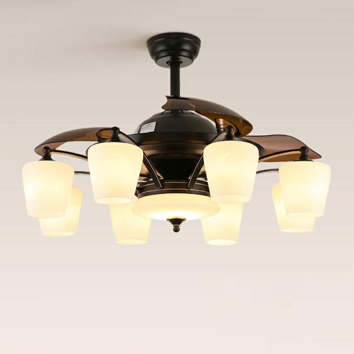 Elegant 3 Blade Glass Shade Chandelier Fan with Light Image - 14