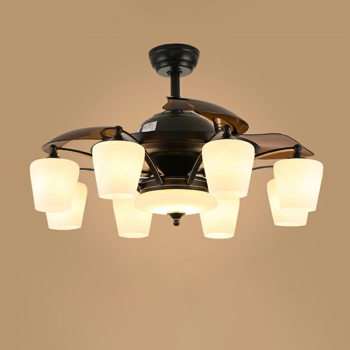 Elegant 3 Blade Glass Shade Chandelier Fan with Light Image - 3