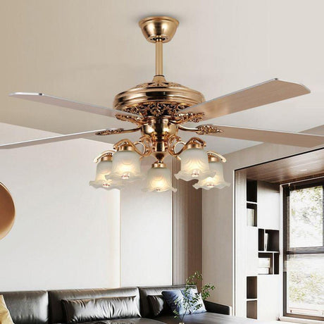 Elegant 5 Flower Shade 4 Blades Brass Ceiling Fan Light Image - 1