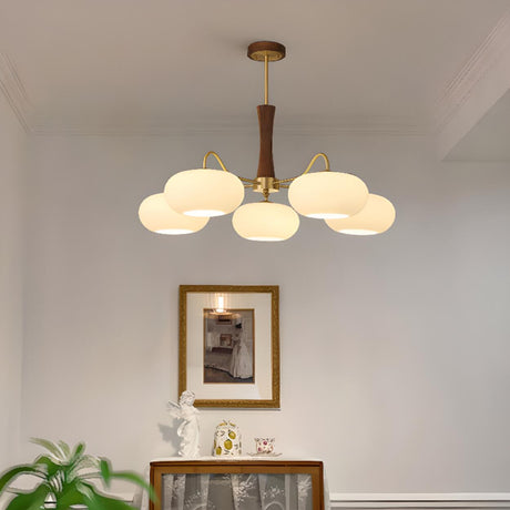 Elegant 5-Light Brass and Wood Drum LED Chandelier Image - 1