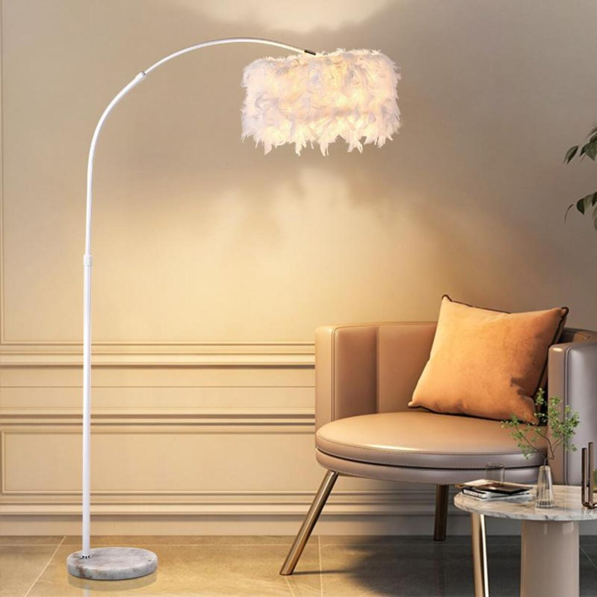 Elegant Adjustable Height Feather Arc Floor Lamp Image - 1