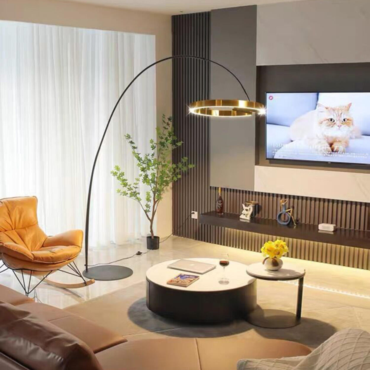 Elegant Aluminum Arc Gold Circular LED Floor Lamp Image - 1