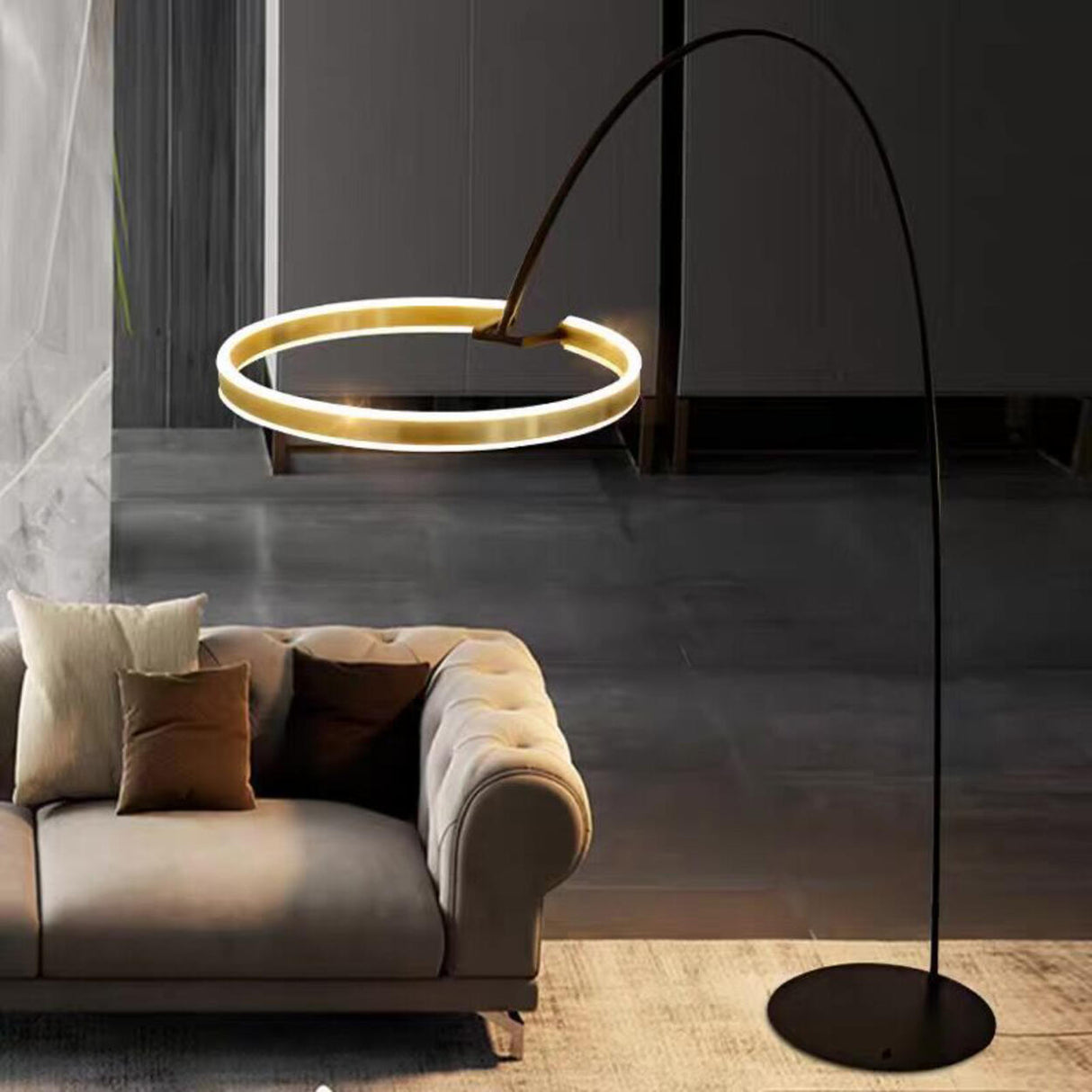 Elegant Aluminum Arc Gold Circular LED Floor Lamp Image - 4