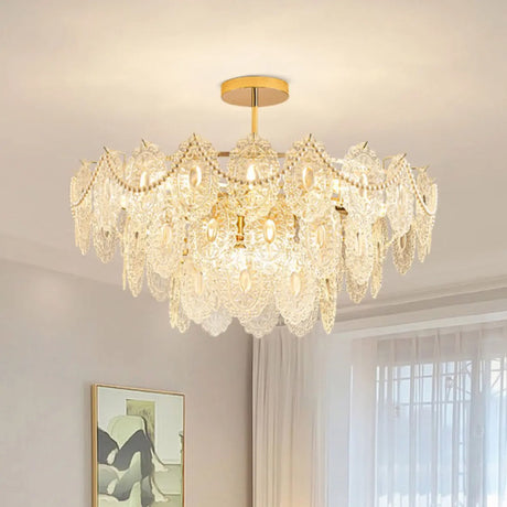 Elegant Art Tiered Leaf Crystal Ceiling Lamp Gold Chandelier Image - 1