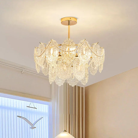 Elegant Art Tiered Leaf Crystal Ceiling Lamp Gold Chandelier Image - 2