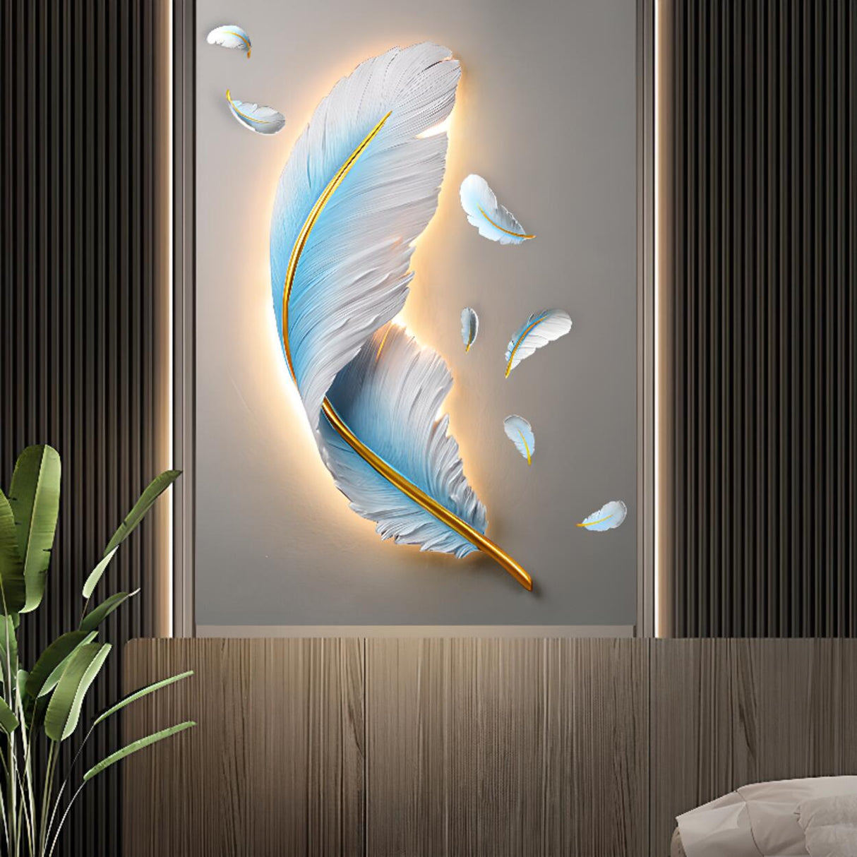 Elegant Artistic Blue Feather Wall Sconce Image - 6