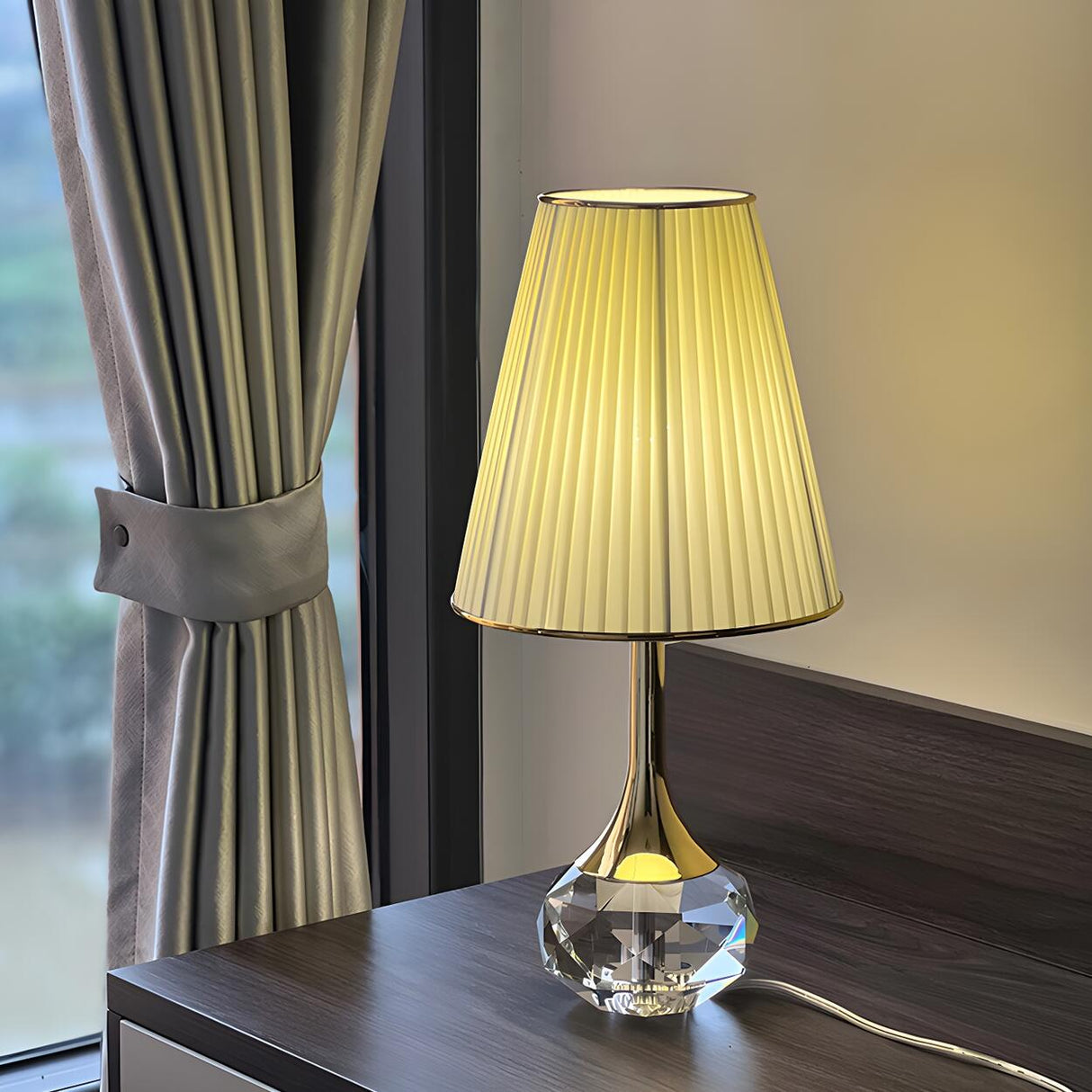 Elegant Barrel Pleated Shade Crystal Vase Table Lamp Image - 2