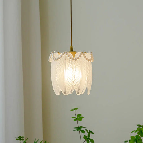 Elegant Bedroom Feather Round Glass Pendant Light Image - 2