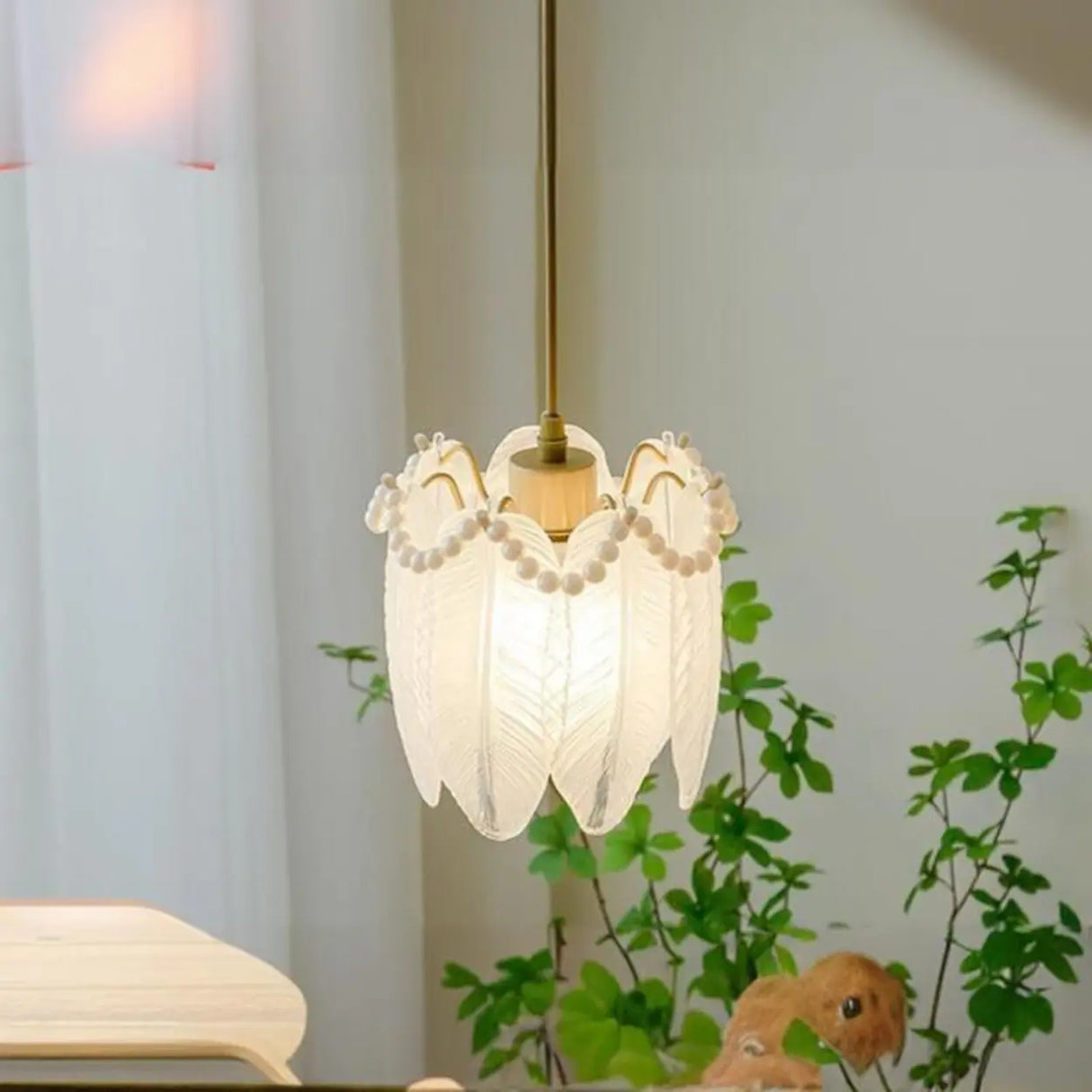 Elegant Bedroom Feather Round Glass Pendant Light Image - 4