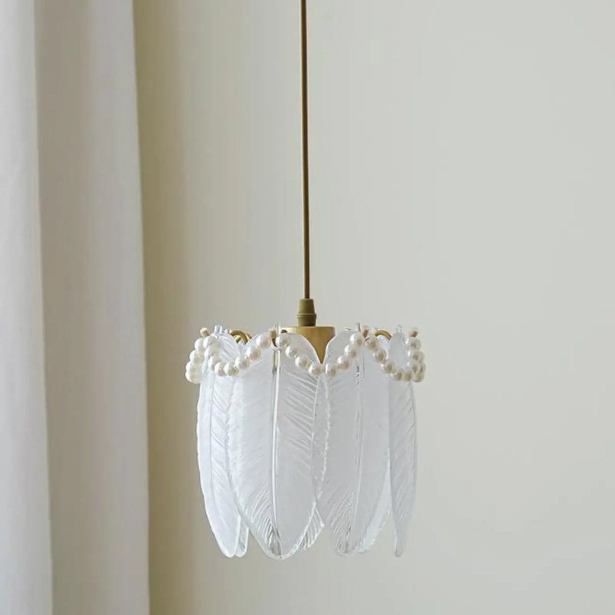 Elegant Bedroom Feather Round Glass Pendant Light Image - 7