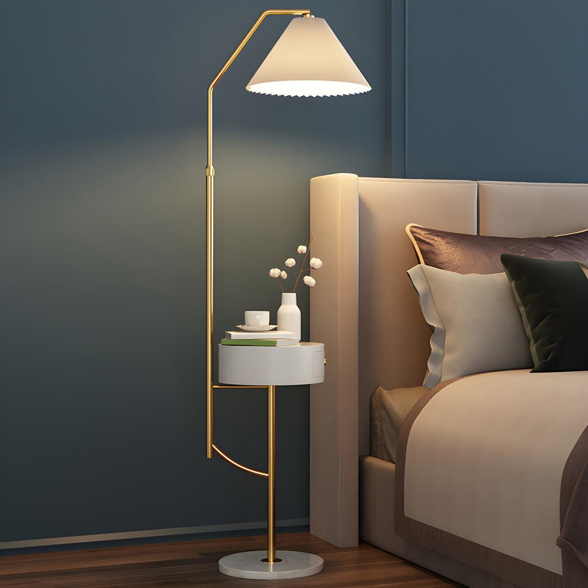 Elegant Bedside Cone Gold Floor Lamp with Side Table Image - 1