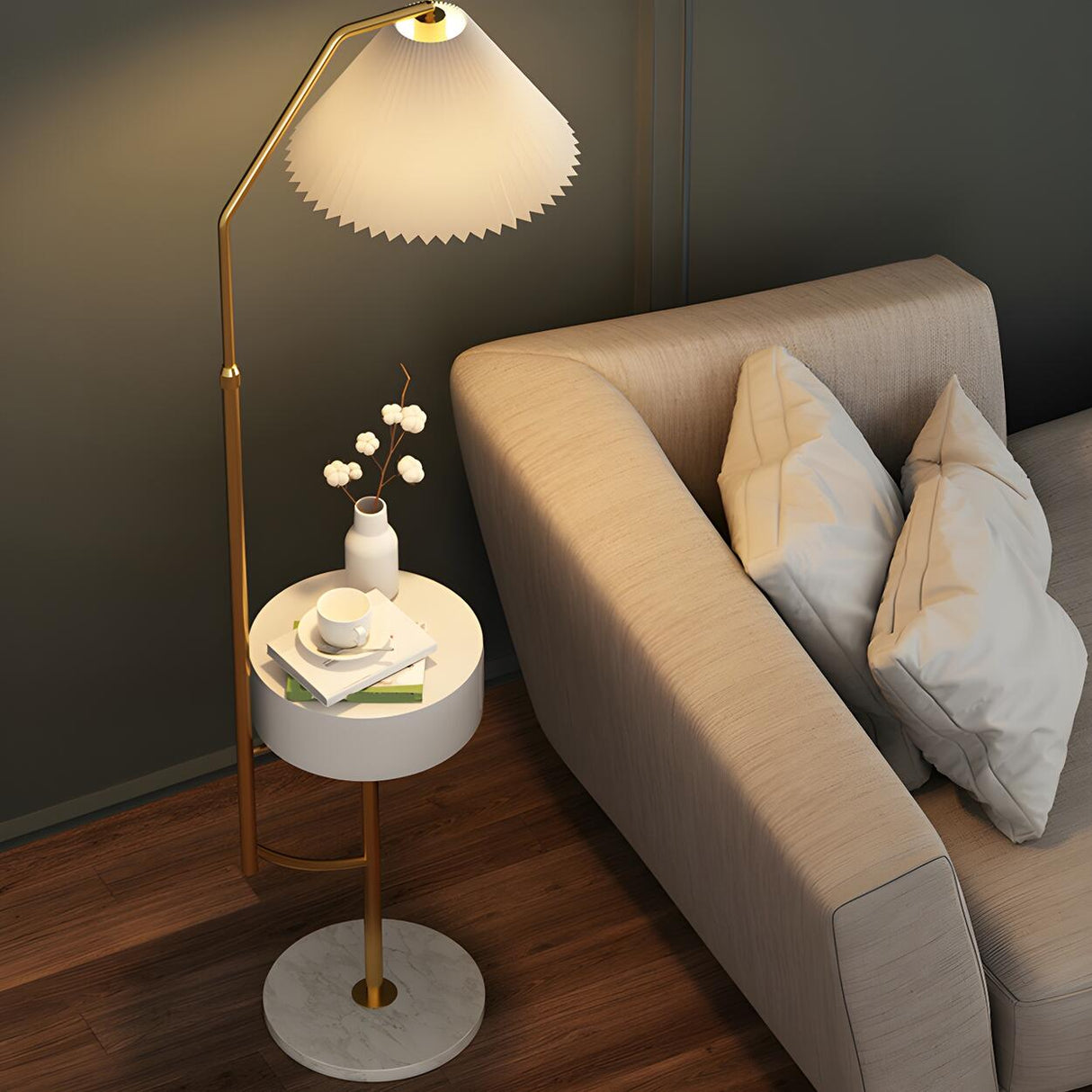 Elegant Bedside Cone Gold Floor Lamp with Side Table Image - 13