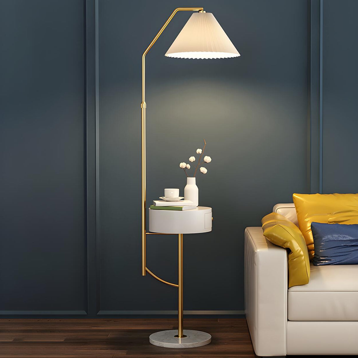 Elegant Bedside Cone Gold Floor Lamp with Side Table Image - 14