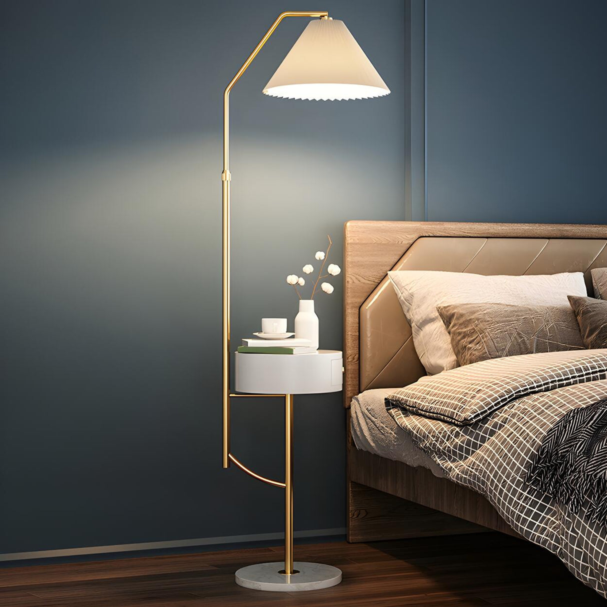 Elegant Bedside Cone Gold Floor Lamp with Side Table Image - 16