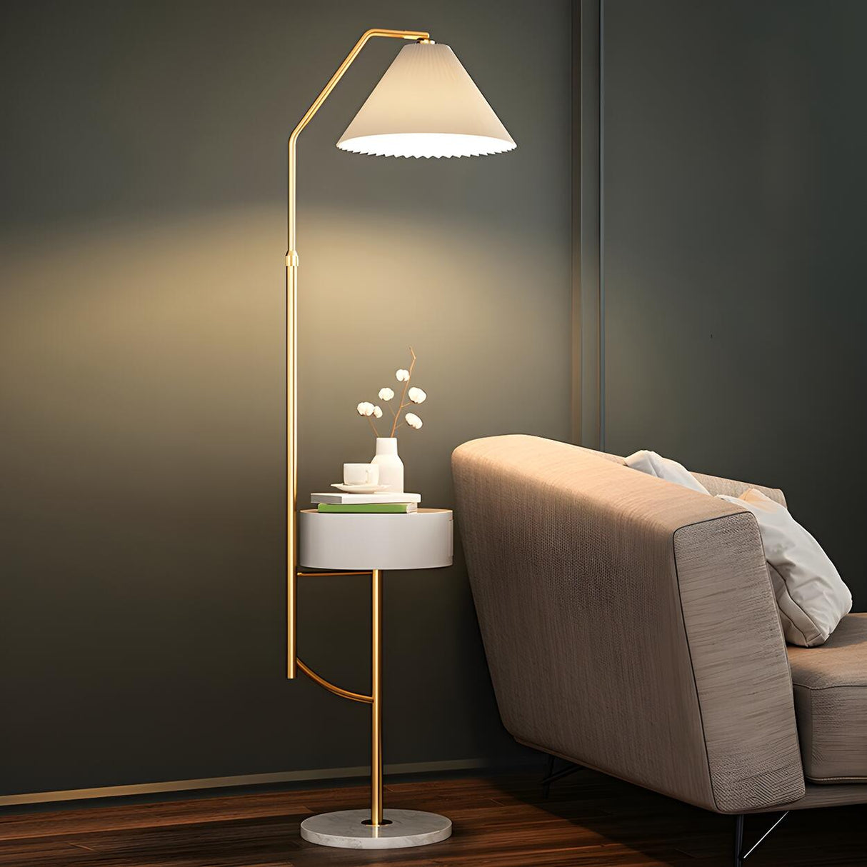 Elegant Bedside Cone Gold Floor Lamp with Side Table Image - 17