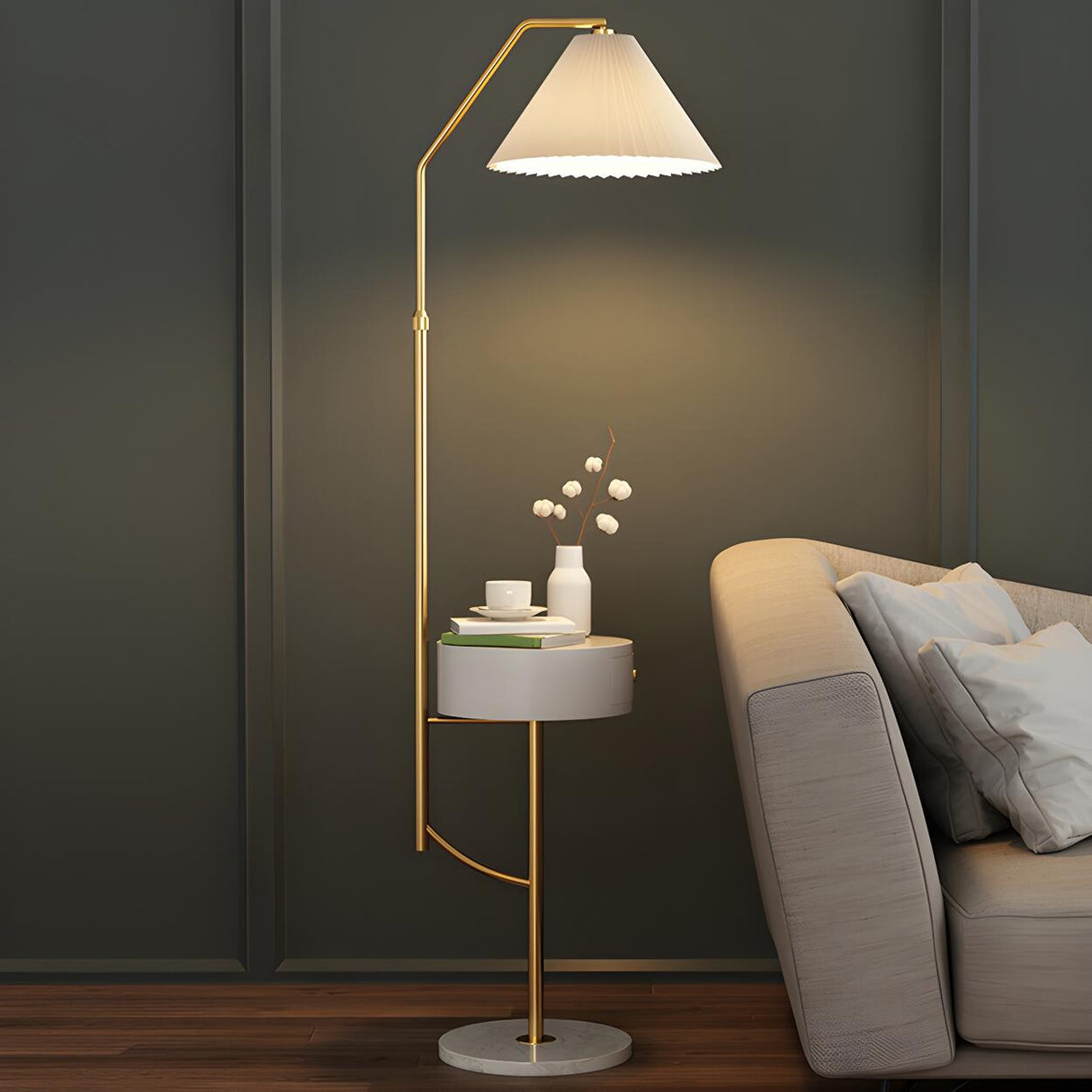 Elegant Bedside Cone Gold Floor Lamp with Side Table Image - 5