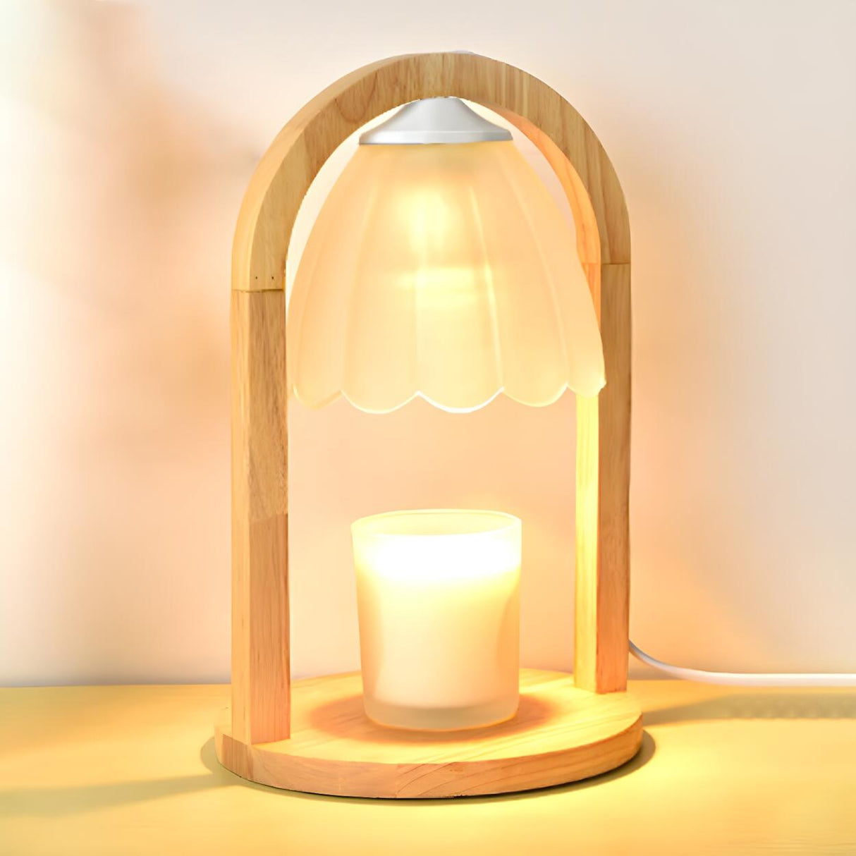 Elegant Bell Glass Wooden Candle Warmer Table Lamp Image - 2