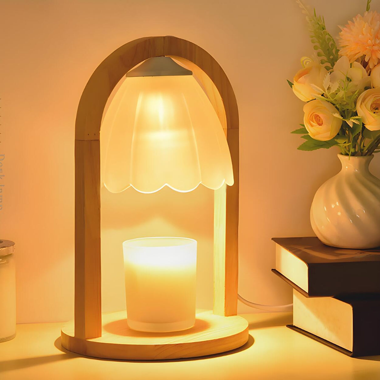 Elegant Bell Glass Wooden Candle Warmer Table Lamp Image - 3