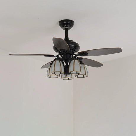 Elegant Black 5 Blade Glass Shade Ceiling Fan Light Image - 1