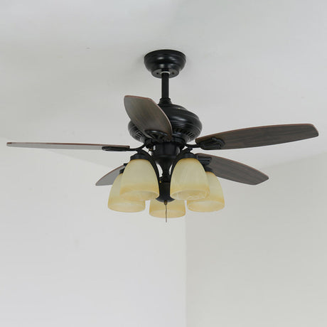 Elegant Black 5 Blade Glass Shade Ceiling Fan Light Image - 2