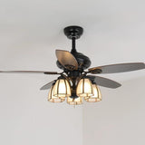 Elegant Black 5 Blade Glass Shade Ceiling Fan Light Image - 3