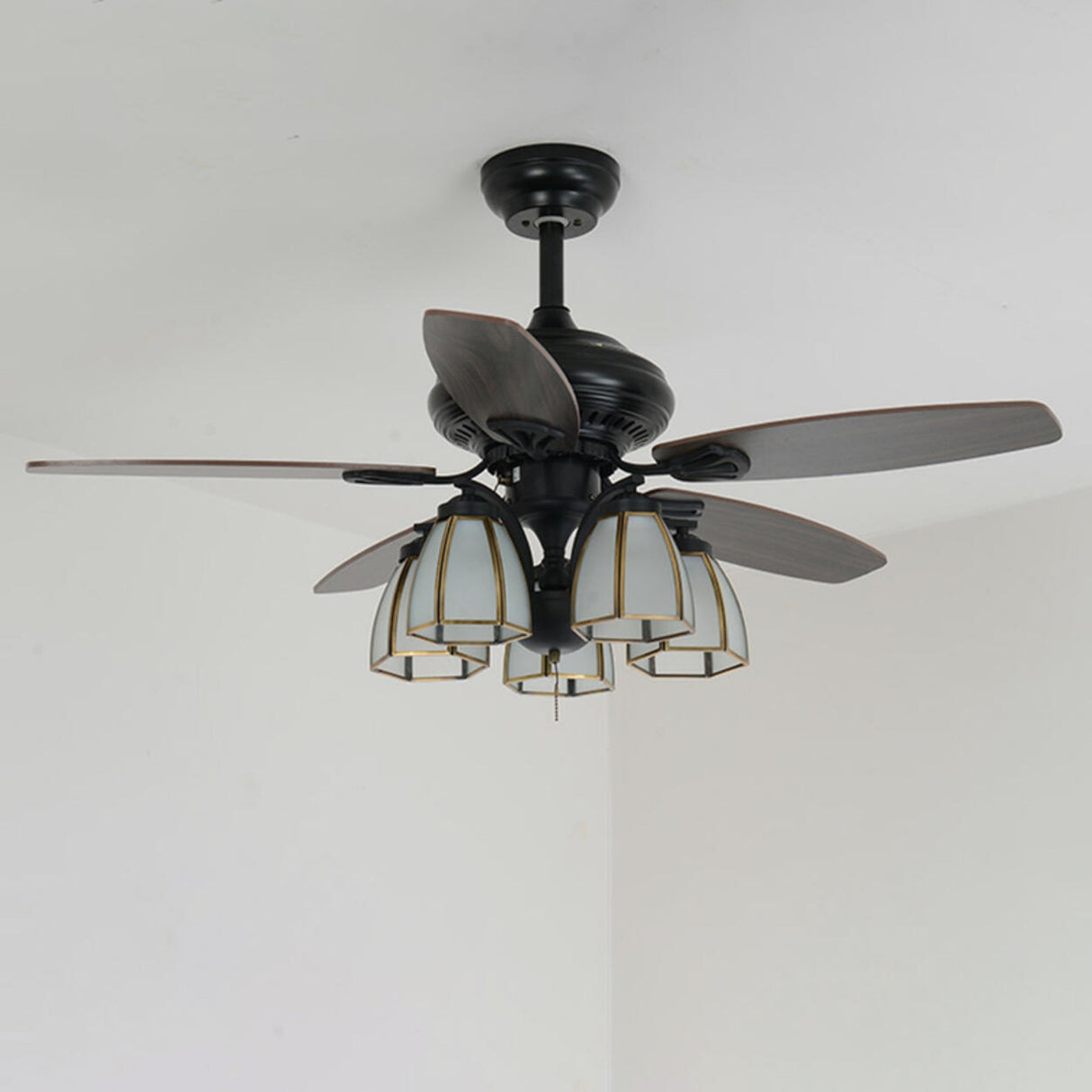 Elegant Black 5 Blade Glass Shade Ceiling Fan Light Image - 4