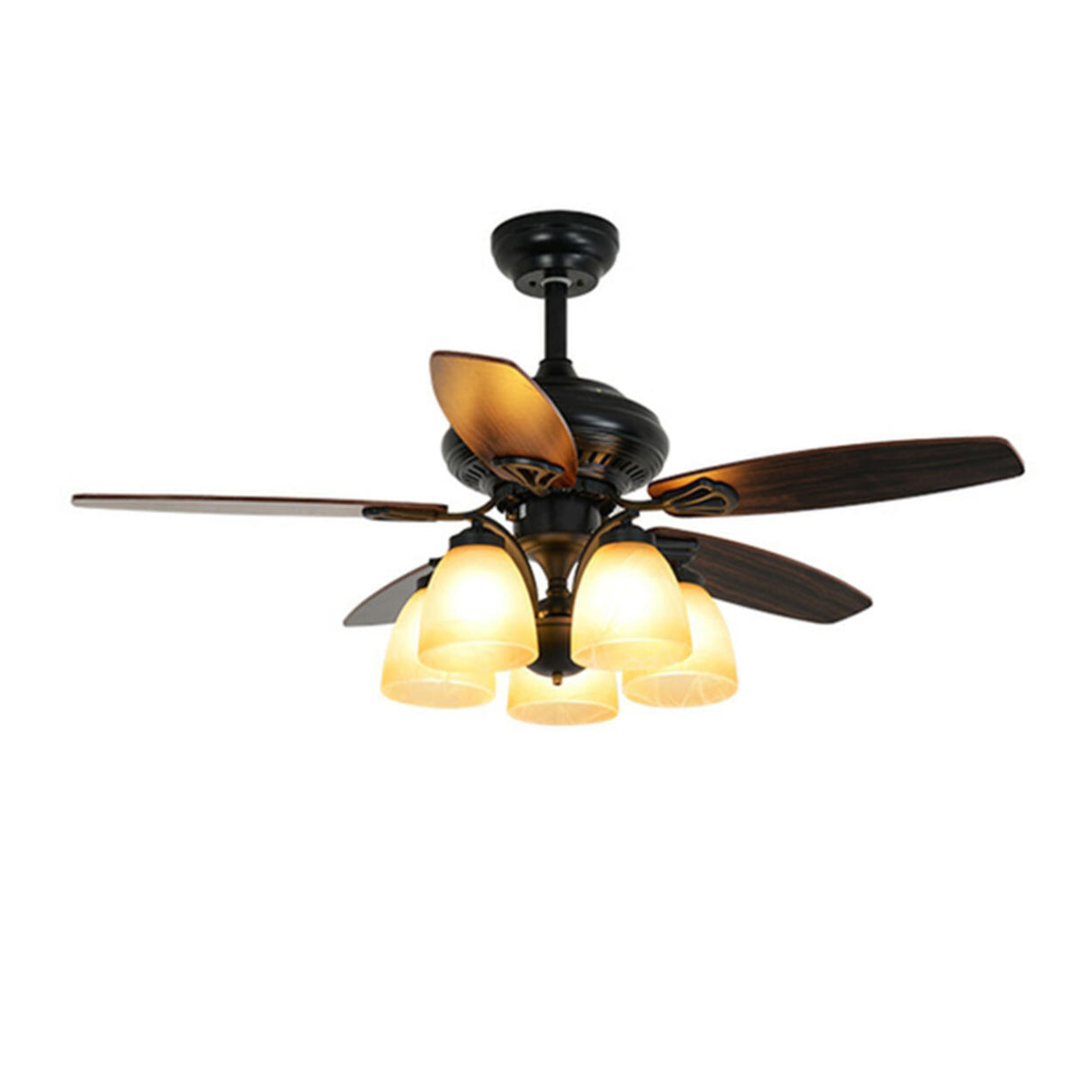 Elegant Black 5 Blade Glass Shade Ceiling Fan Light Image - 5