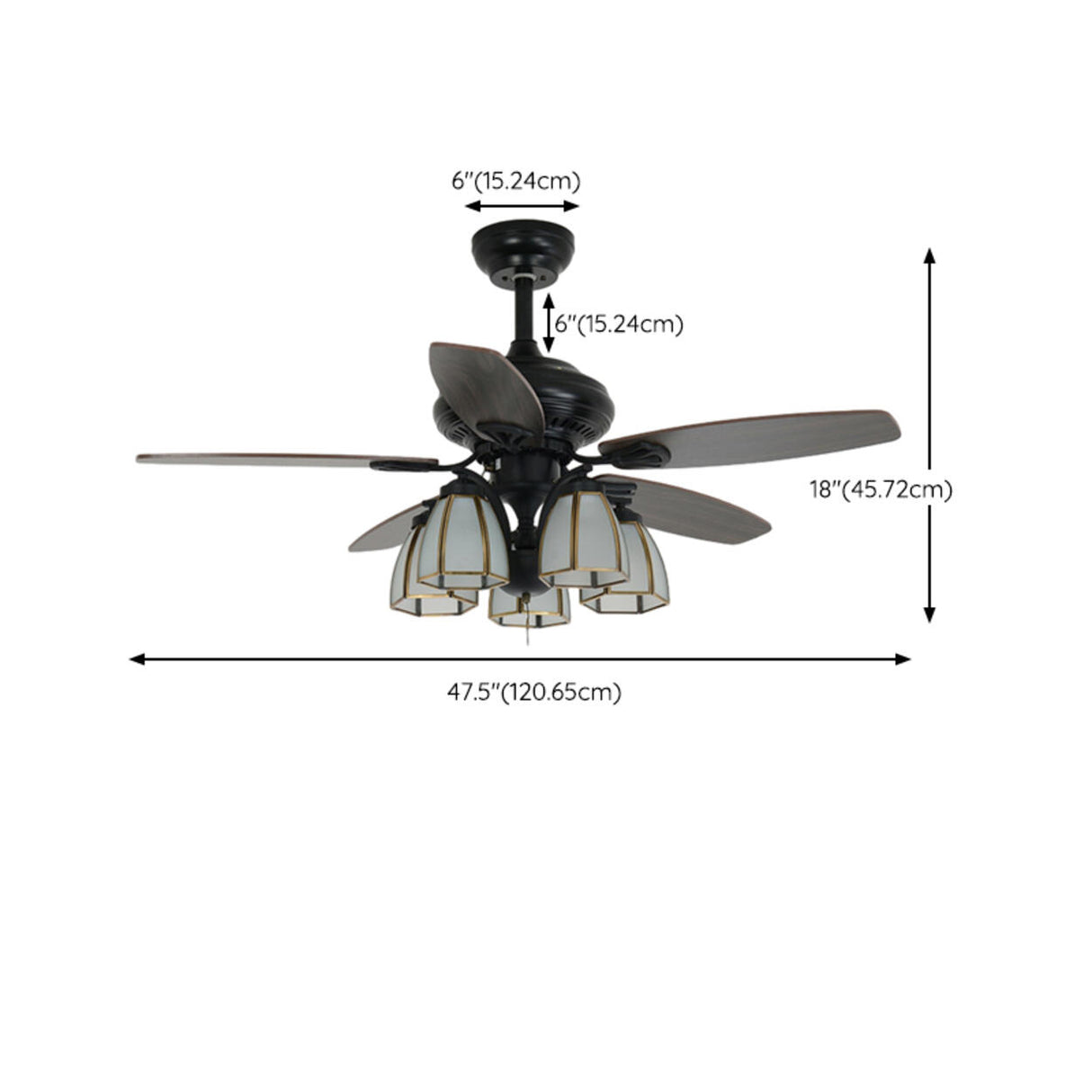 Elegant Black 5 Blade Glass Shade Ceiling Fan Light 