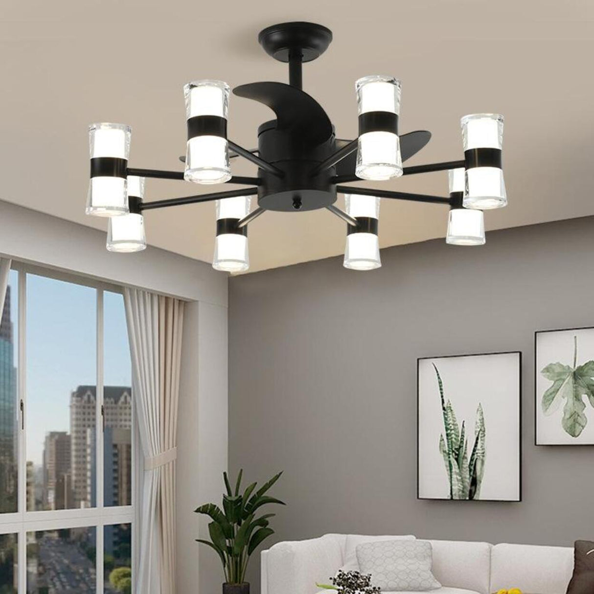 Elegant Black Column Shade Chandelier Fan with Light Image - 2