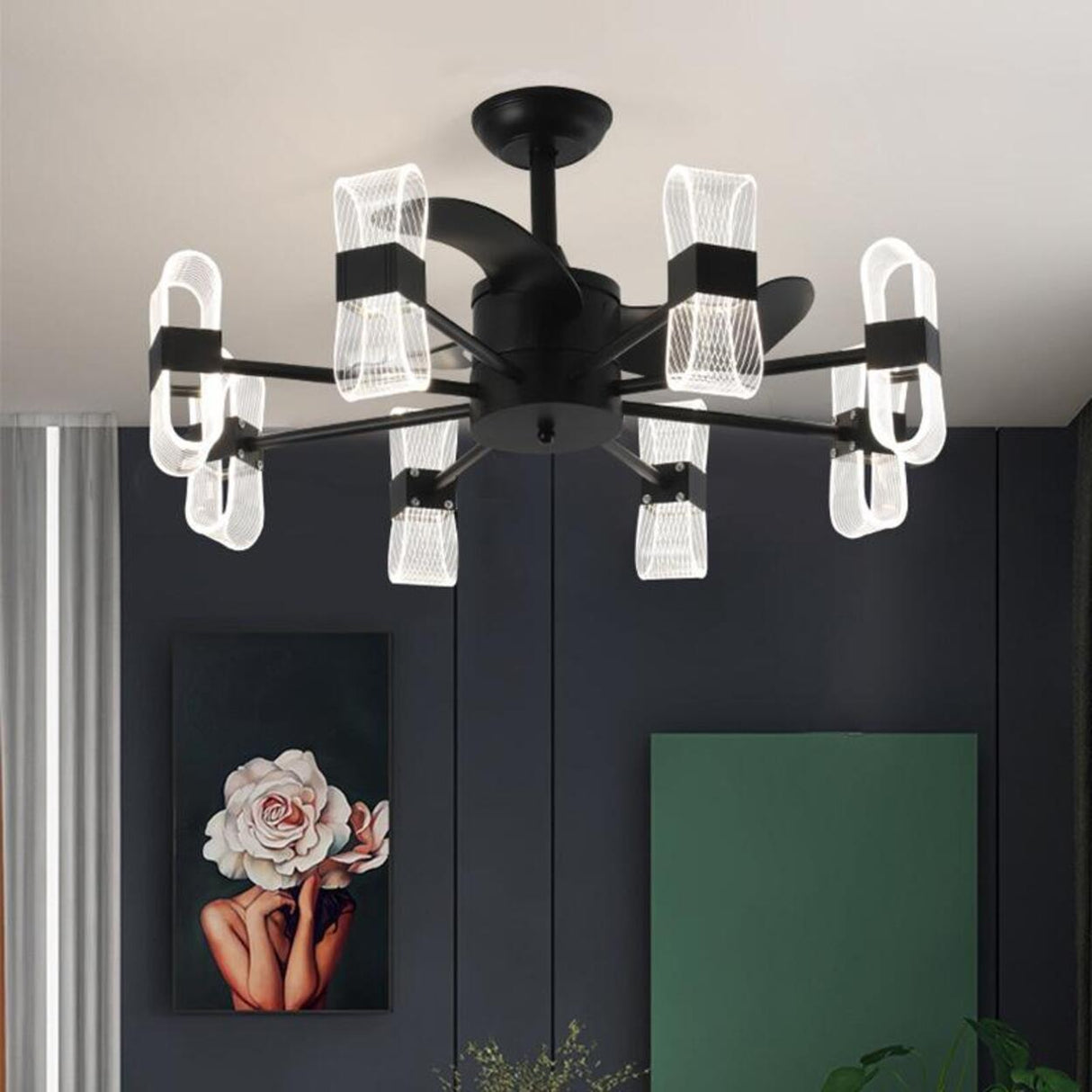 Elegant Black Column Shade Chandelier Fan with Light Image - 4