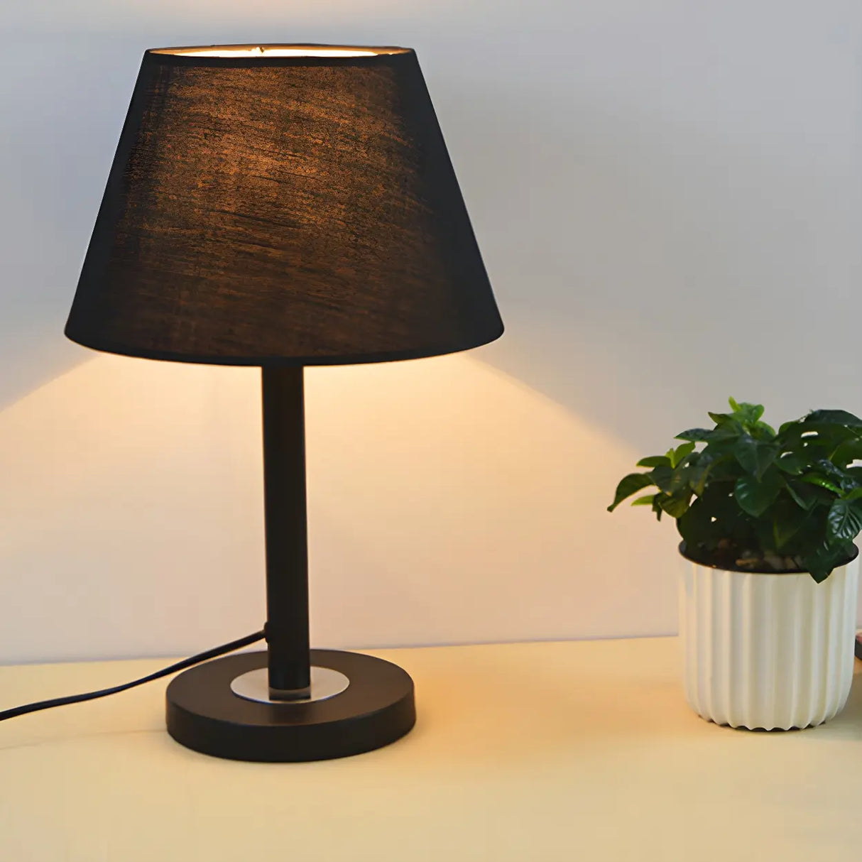 Elegant Black Fabric Cone Bedroom Decor Table Lamp Image - 2