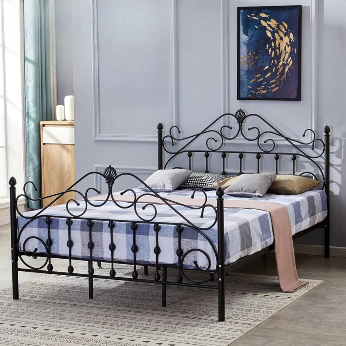 Elegant Black Headboard Metal Queen Open-Frame Panel Bed Image - 1