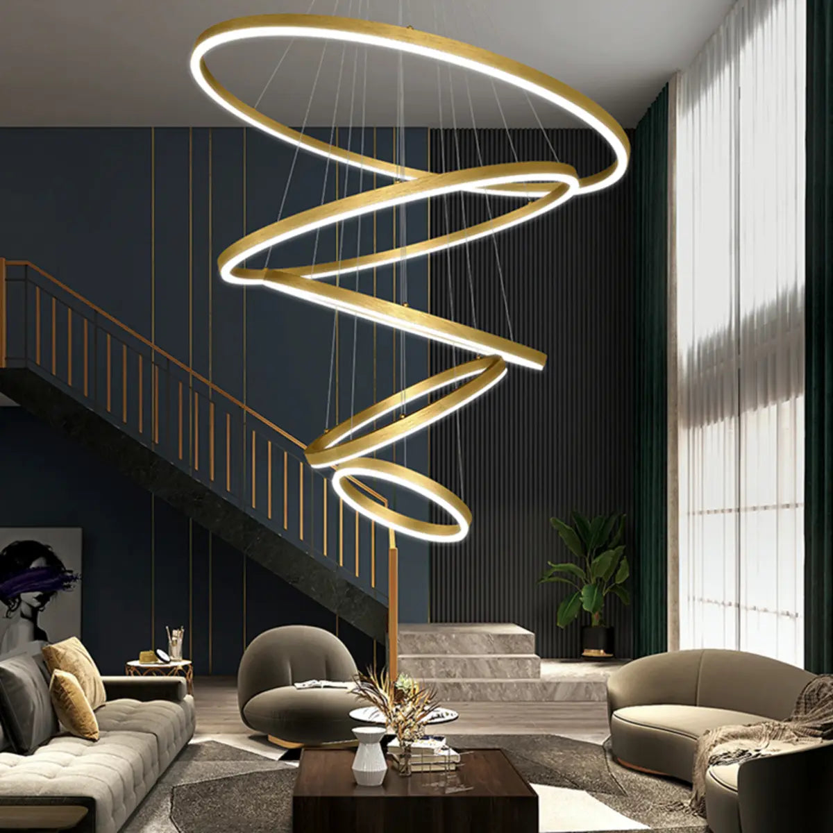 Elegant Black Spiral Circle Living Room Pendant Chandelier Image - 16