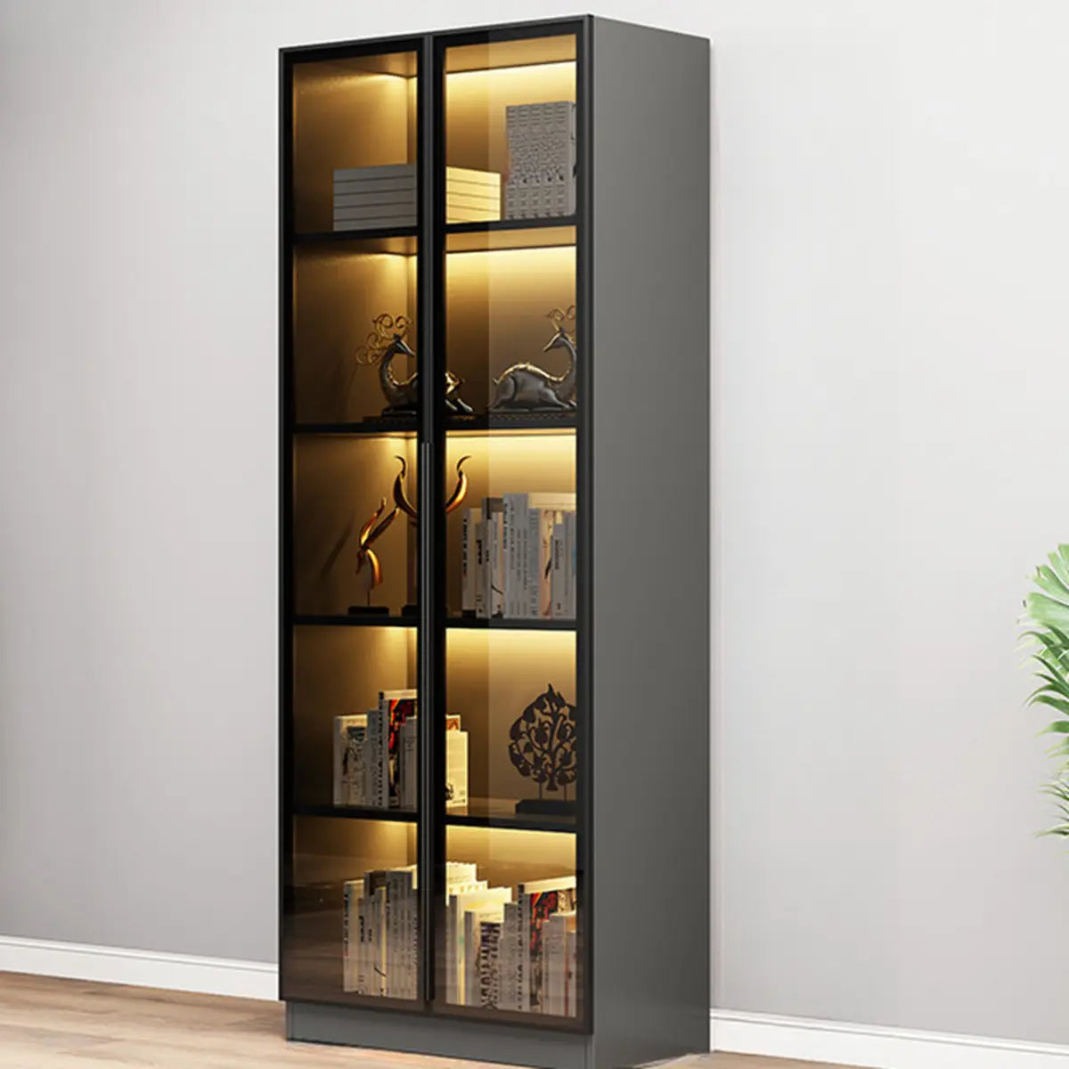 Elegant Black Vertical Glass Door Storage Tall Bookcase Image - 12