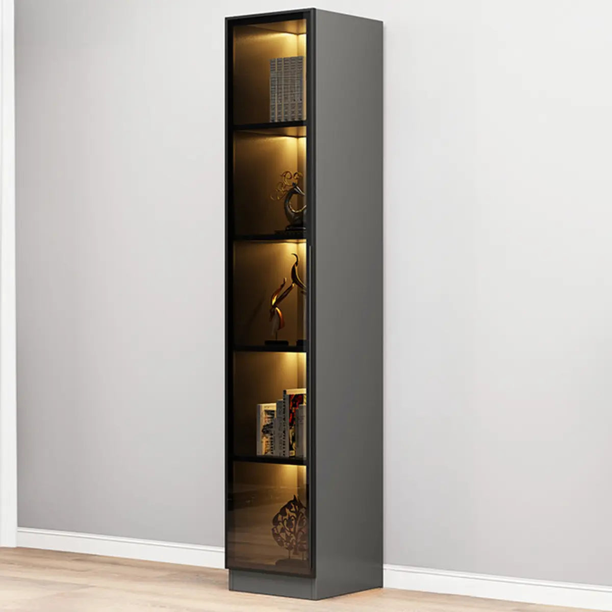 Elegant Black Vertical Glass Door Storage Tall Bookcase Image - 13