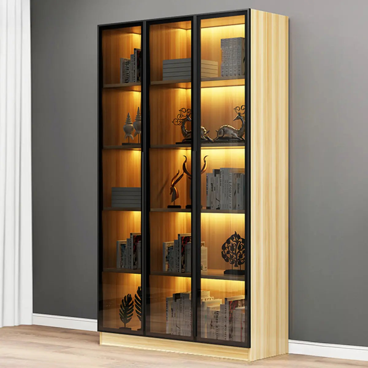 Elegant Black Vertical Glass Door Storage Tall Bookcase Image - 14