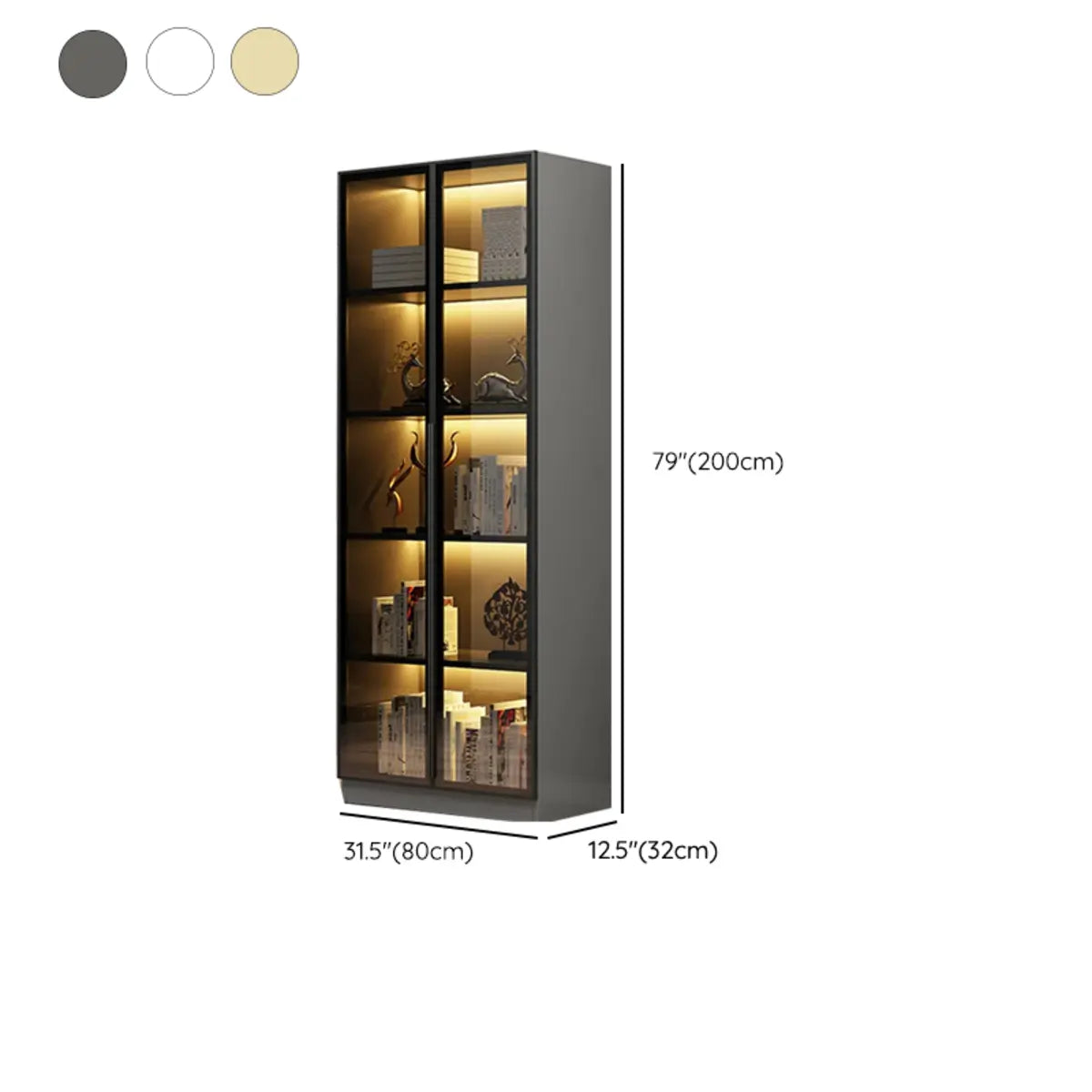 Elegant Black Vertical Glass Door Storage Tall Bookcase 