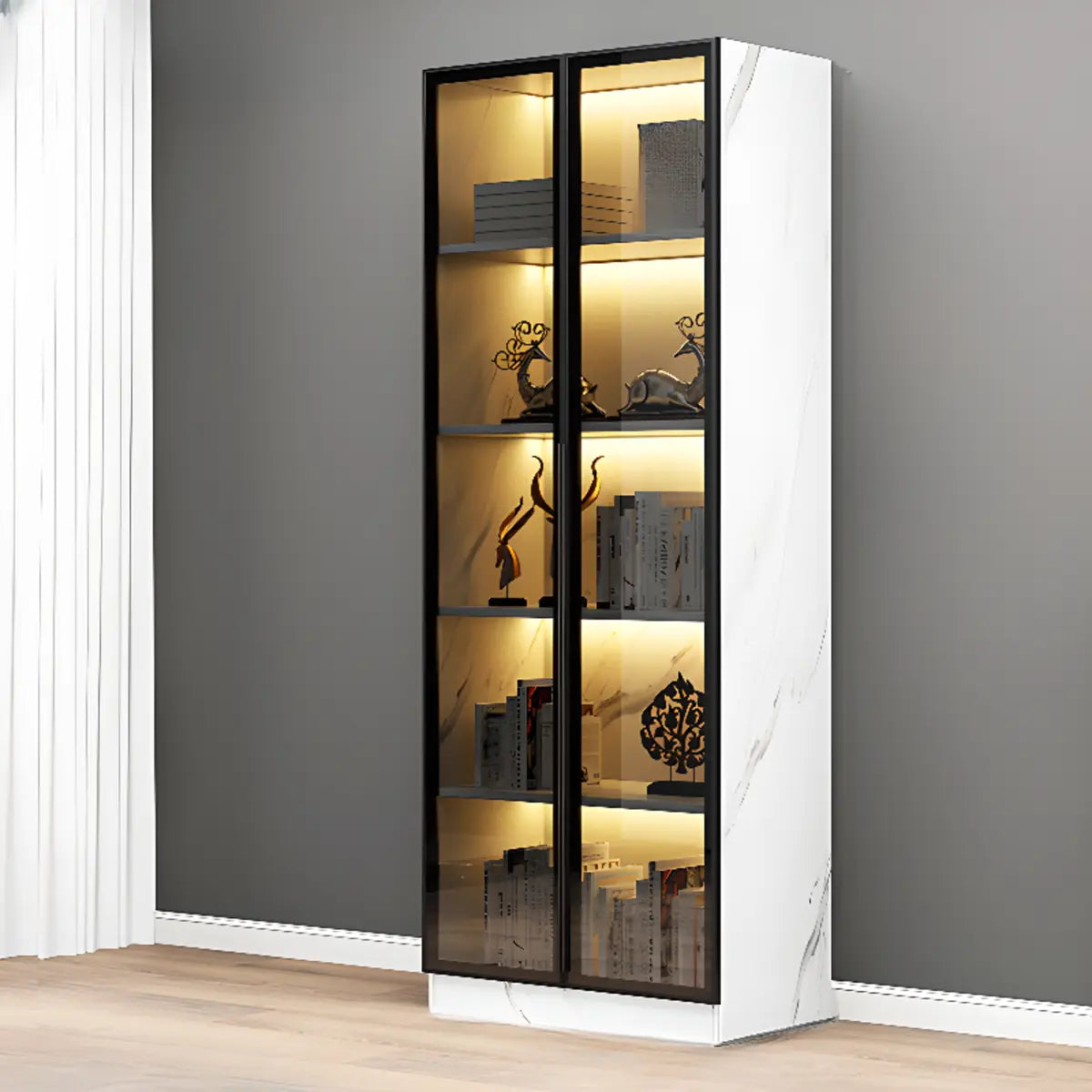 Elegant Black Vertical Glass Door Storage Tall Bookcase Image - 3