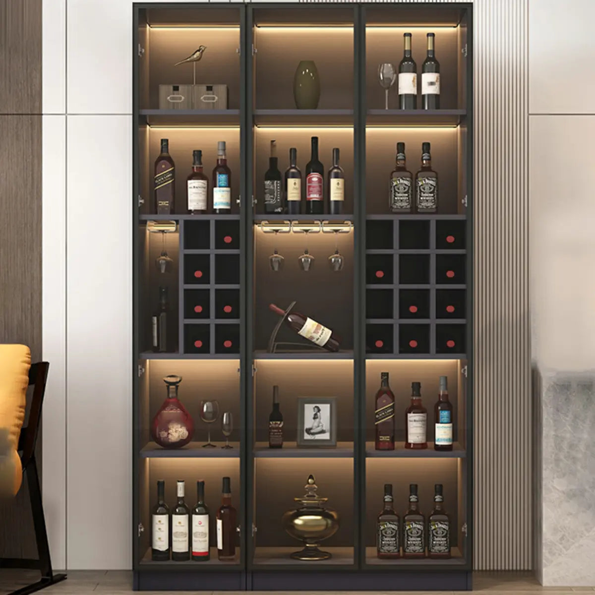 Elegant Black Wood Glass Door LED Storage Wine Cabinet Image - 1