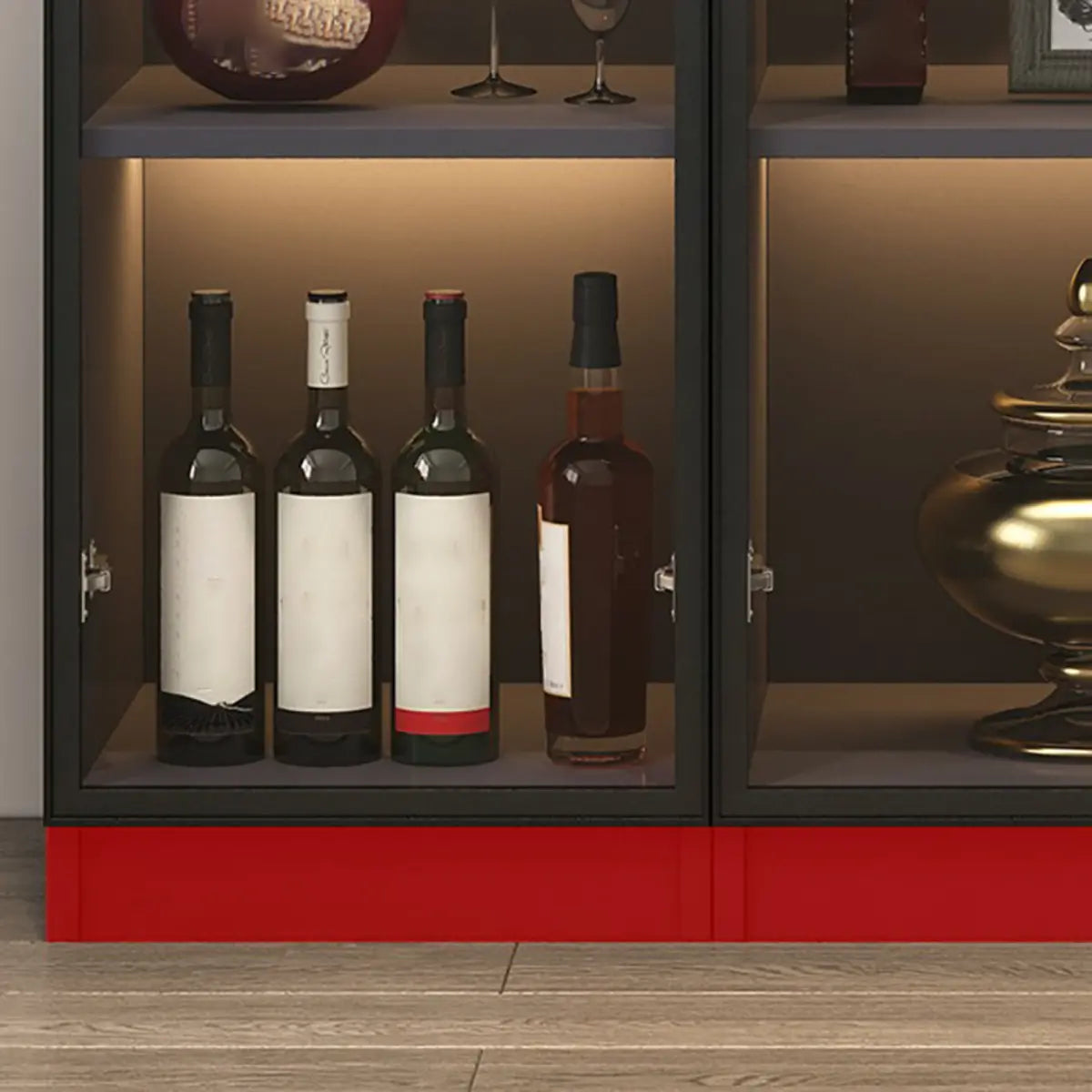 Elegant Black Wood Glass Door LED Storage Wine Cabinet Image - 12