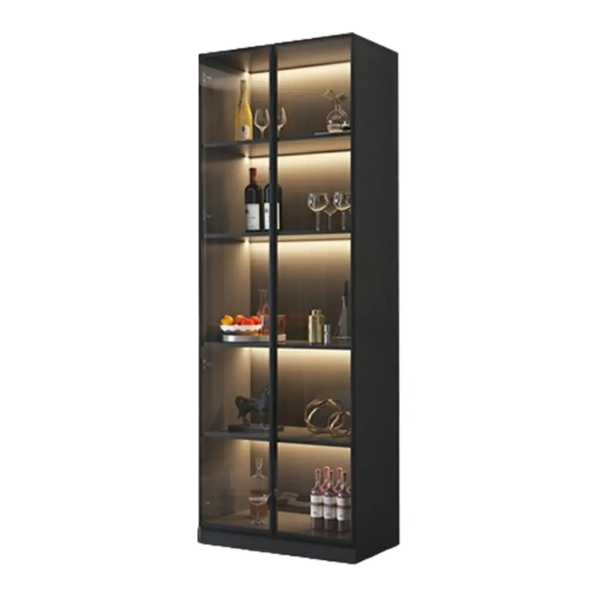 Elegant Black Wood Glass Door LED Storage Wine Cabinet Image - 15