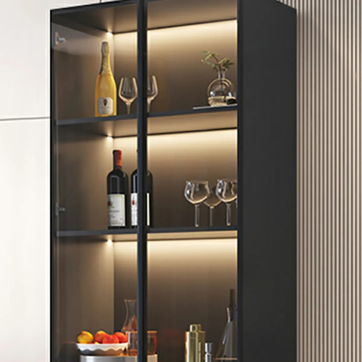 Elegant Black Wood Glass Door LED Storage Wine Cabinet Image - 16