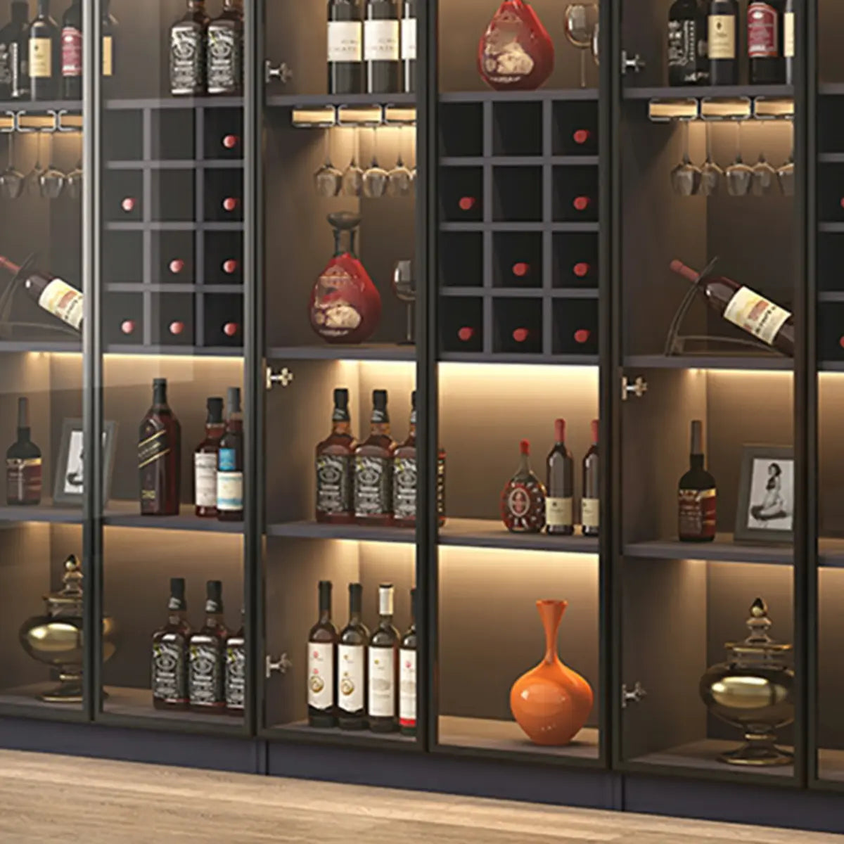 Elegant Black Wood Glass Door LED Storage Wine Cabinet Image - 18