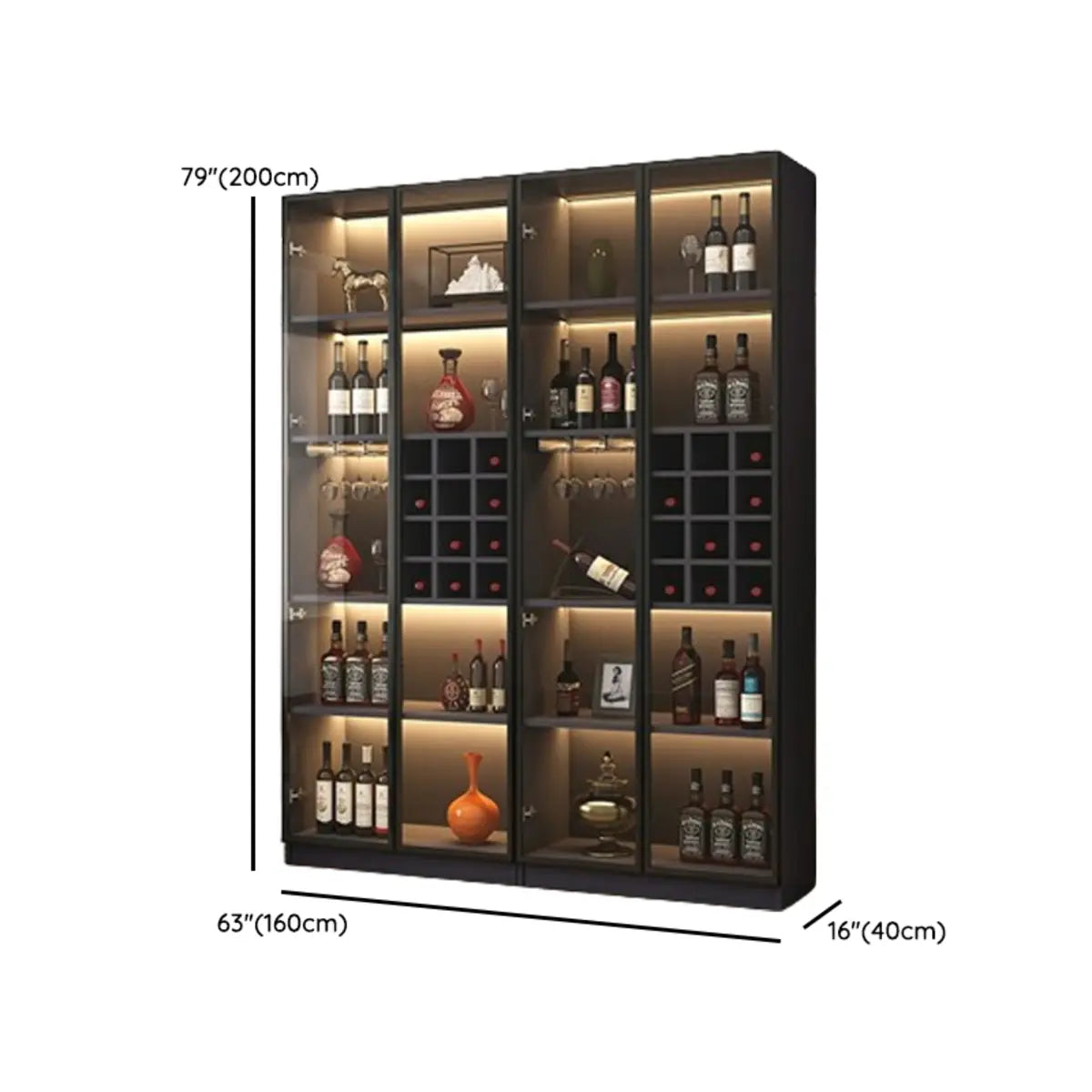 Elegant Black Wood Glass Door LED Storage Wine Cabinet Image - 28