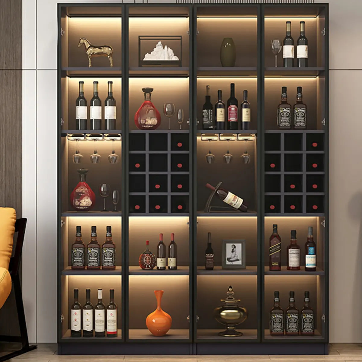 Elegant Black Wood Glass Door LED Storage Wine Cabinet Image - 3