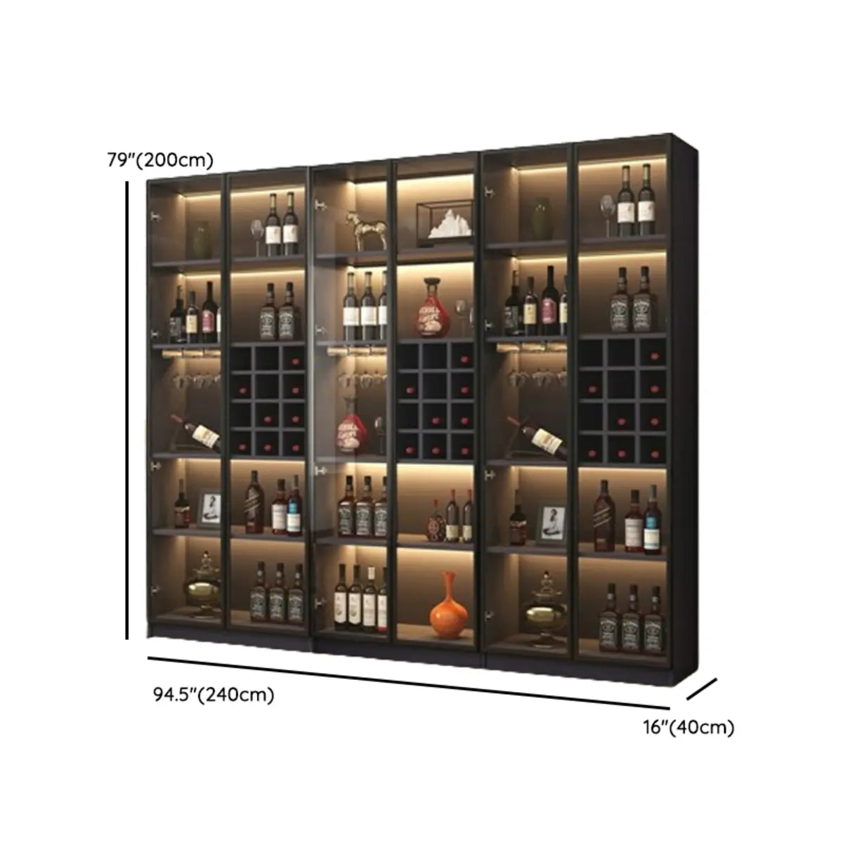 Elegant Black Wood Glass Door LED Storage Wine Cabinet Image - 30