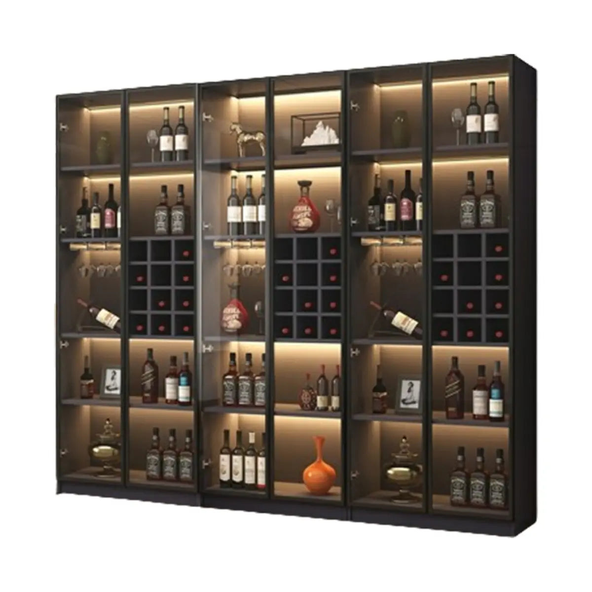 Elegant Black Wood Glass Door LED Storage Wine Cabinet Image - 4