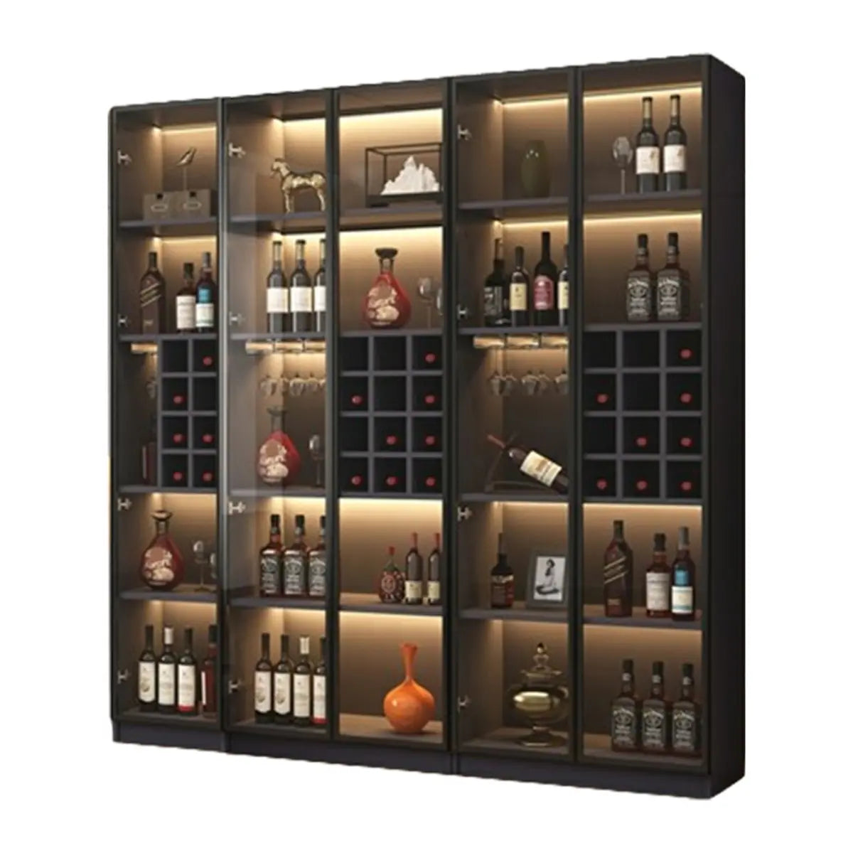 Elegant Black Wood Glass Door LED Storage Wine Cabinet Image - 5